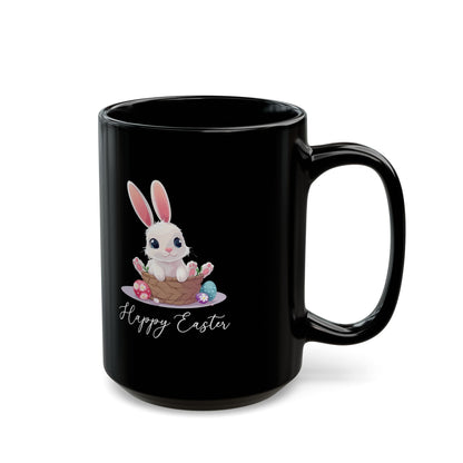 Happy Easter Bunny in Basket Mug – Cute Black Coffee Cup with Pastel Eggs
