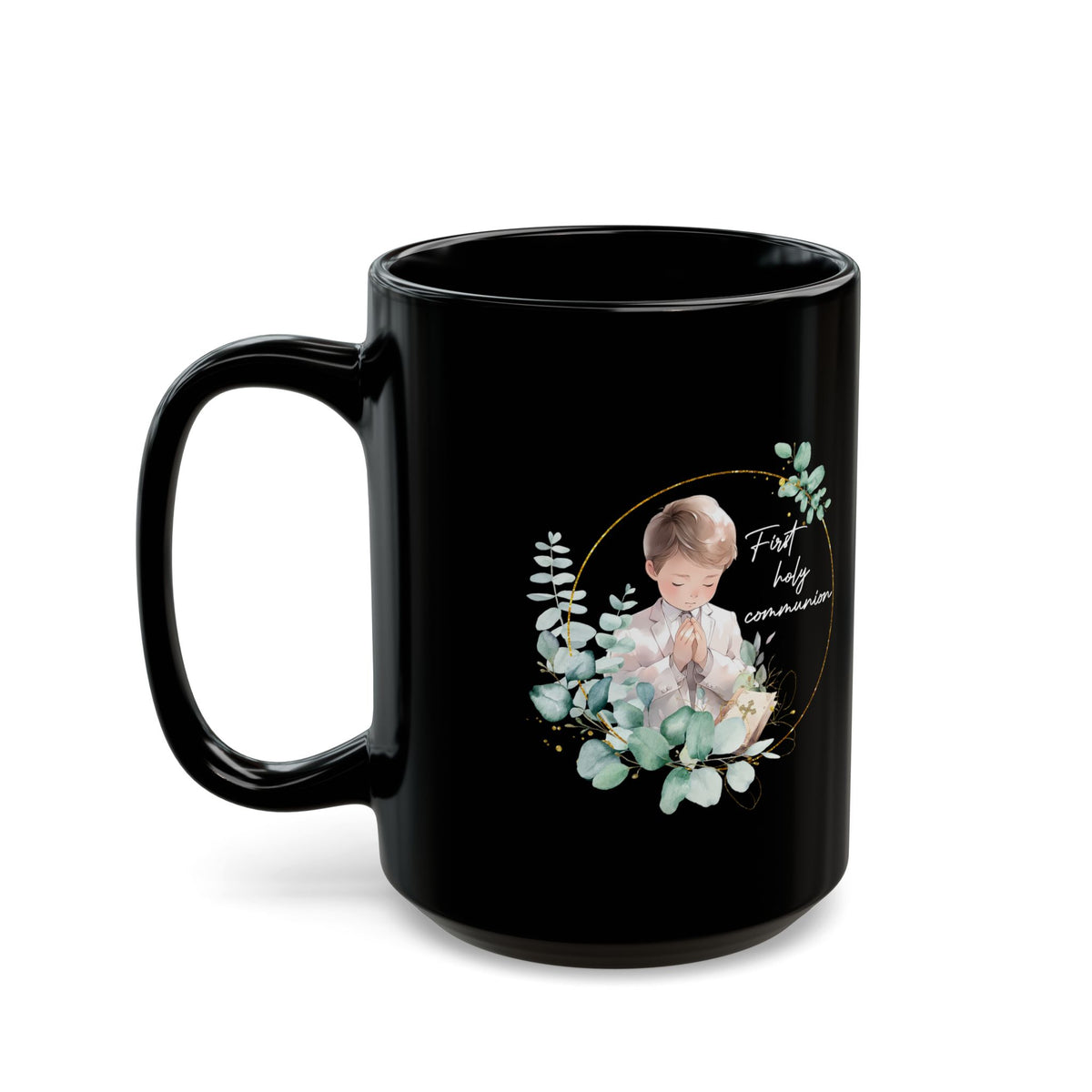 First Communion Mug for Boy – Black Mug with Eucalyptus Prayer Art