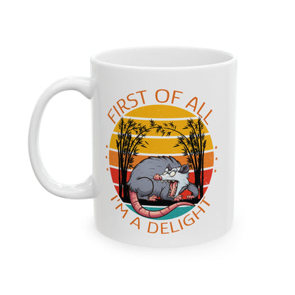 Cartoon Possum Mug – First of All I'm a Delight Funny Coffee Cup with Vintage Sunset for Animal Lovers