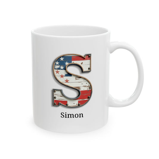 White American Flag Mug with Letter S and Name Simon Personalized Patriotic Coffee Cup Gift for Men Veterans or Proud Americans