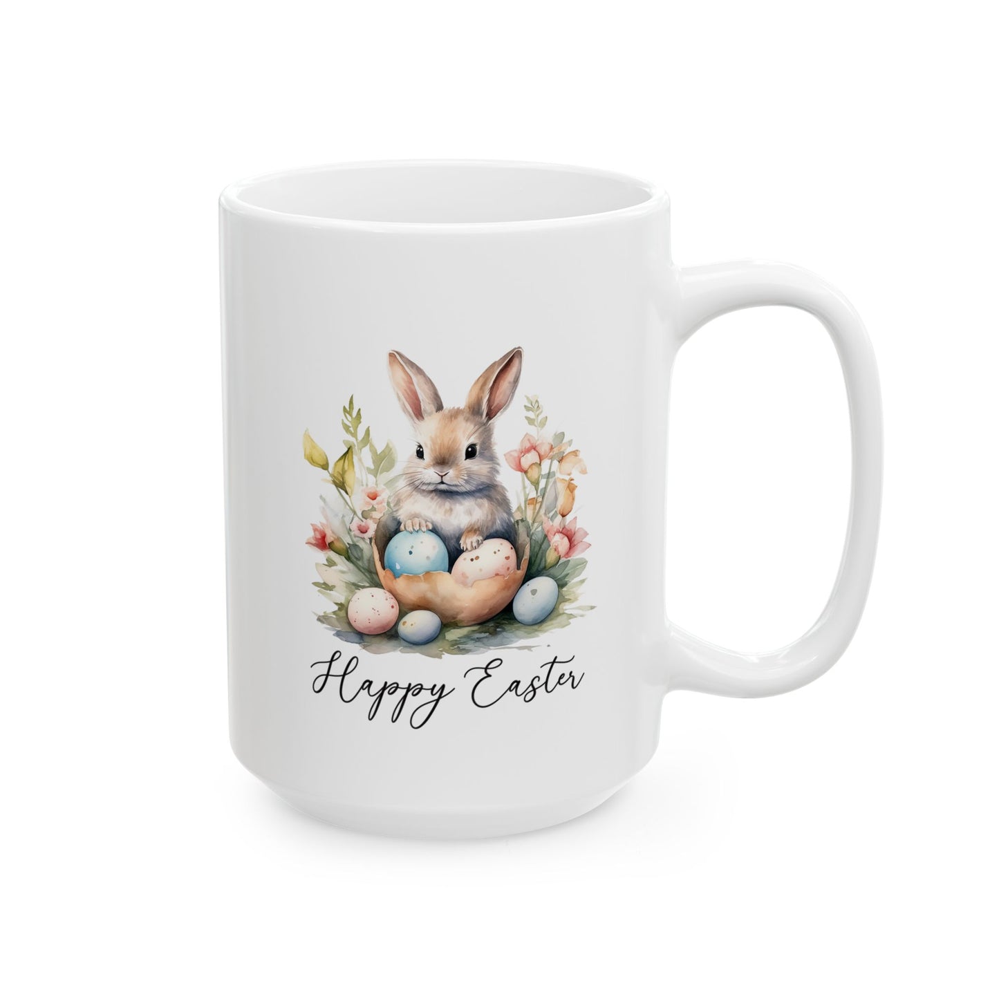 Happy Easter Bunny Mug – Watercolor Rabbit with Eggs and Flowers
