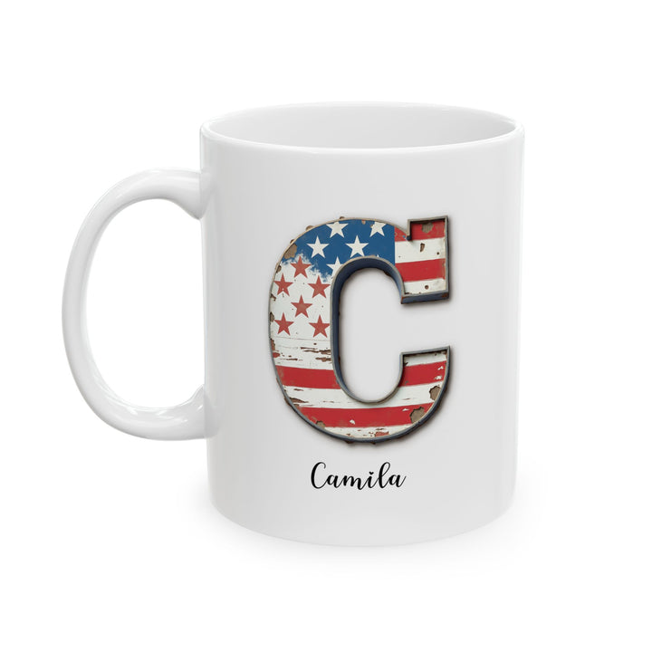 Mug - Patriotic American Flag Letter C with Kevin Name - Vintage Red, White, and Blue Design