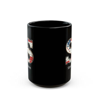 Black American Flag Mug with Letter S and Name Simon Personalized Patriotic Coffee Cup Gift for Men Veterans or USA Flag Lovers