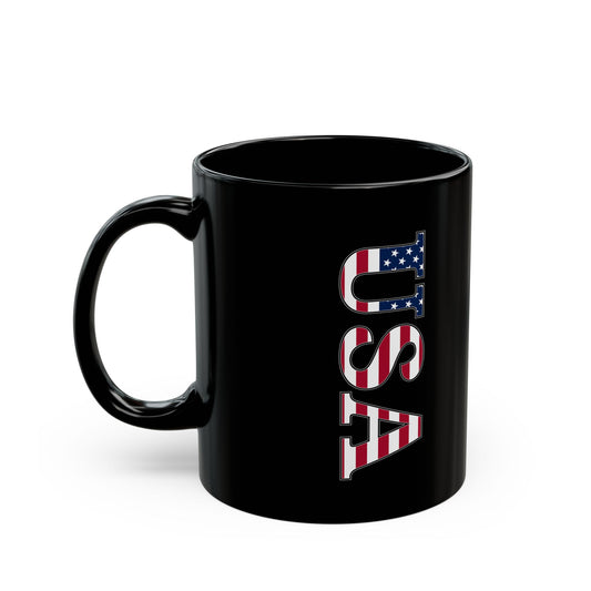 Black USA Flag Letters Mug – Patriotic Coffee Cup for 4th of July, Vets