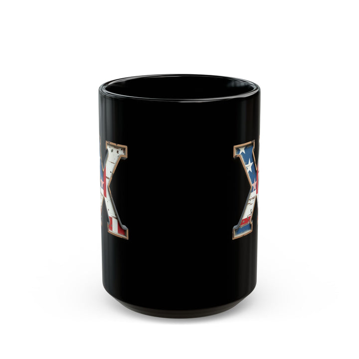 Black USA Flag Letter X Initial Mug – Patriotic Coffee Cup Gift for Men, Veterans, and Proud Americans