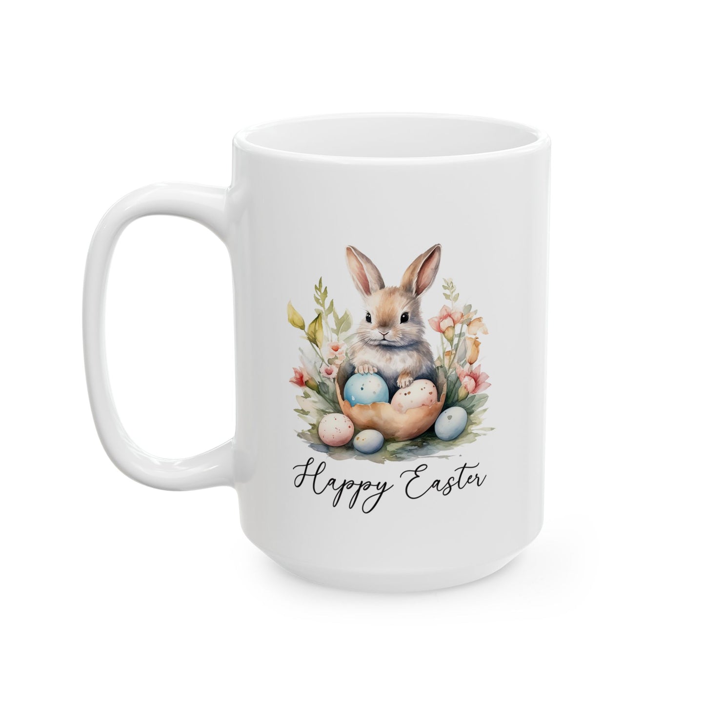 Happy Easter Bunny Mug – Watercolor Rabbit with Eggs and Flowers
