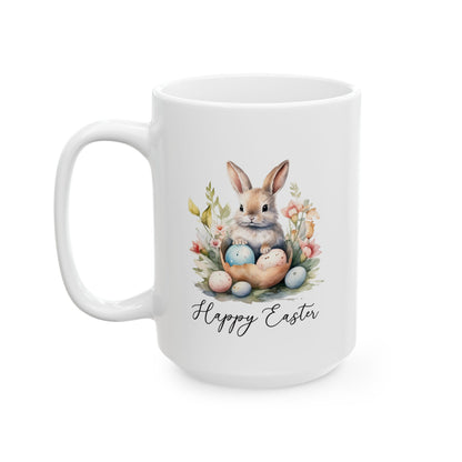 Happy Easter Bunny Mug – Watercolor Rabbit with Eggs and Flowers