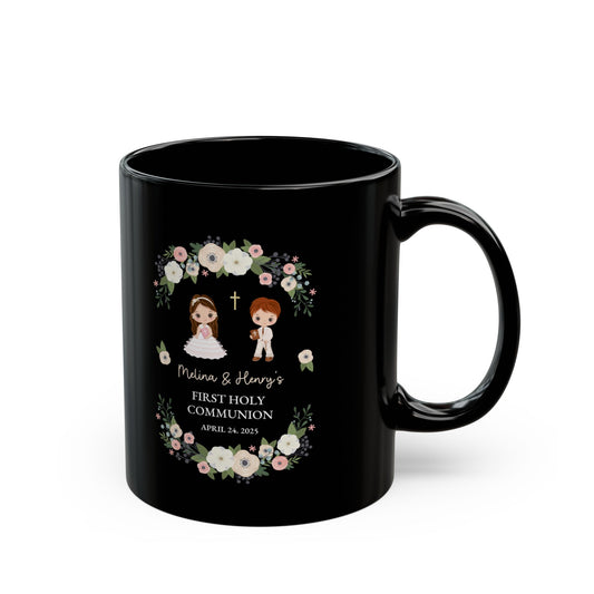 First Holy Communion Black Mug – Custom Gift for Melina & Henry