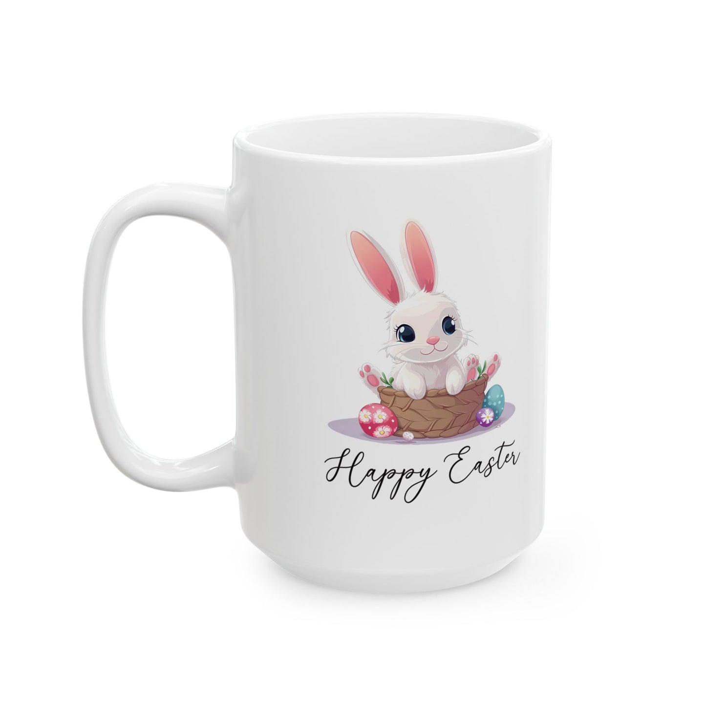 Happy Easter Bunny in Basket Mug – White Cup with Cute Pastel Eggs