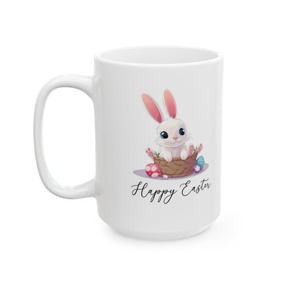 Happy Easter Bunny in Basket Mug – White Cup with Cute Pastel Eggs
