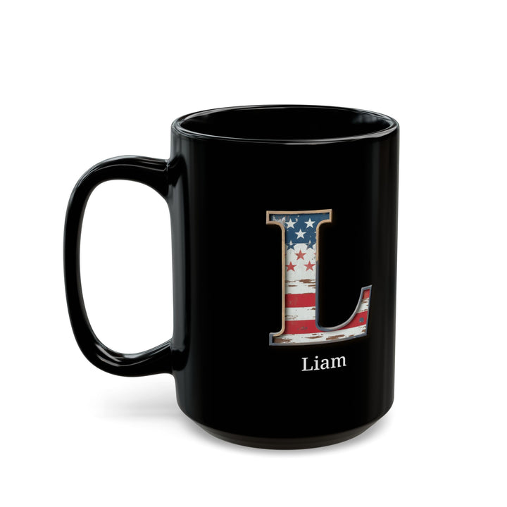 Black American Flag Mug with Letter L and Name Liam Personalized Patriotic Coffee Cup Gift for Men Veterans Military or Proud Americans