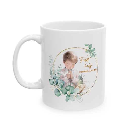 First Communion Mug for Boy – Elegant Eucalyptus Prayer Design