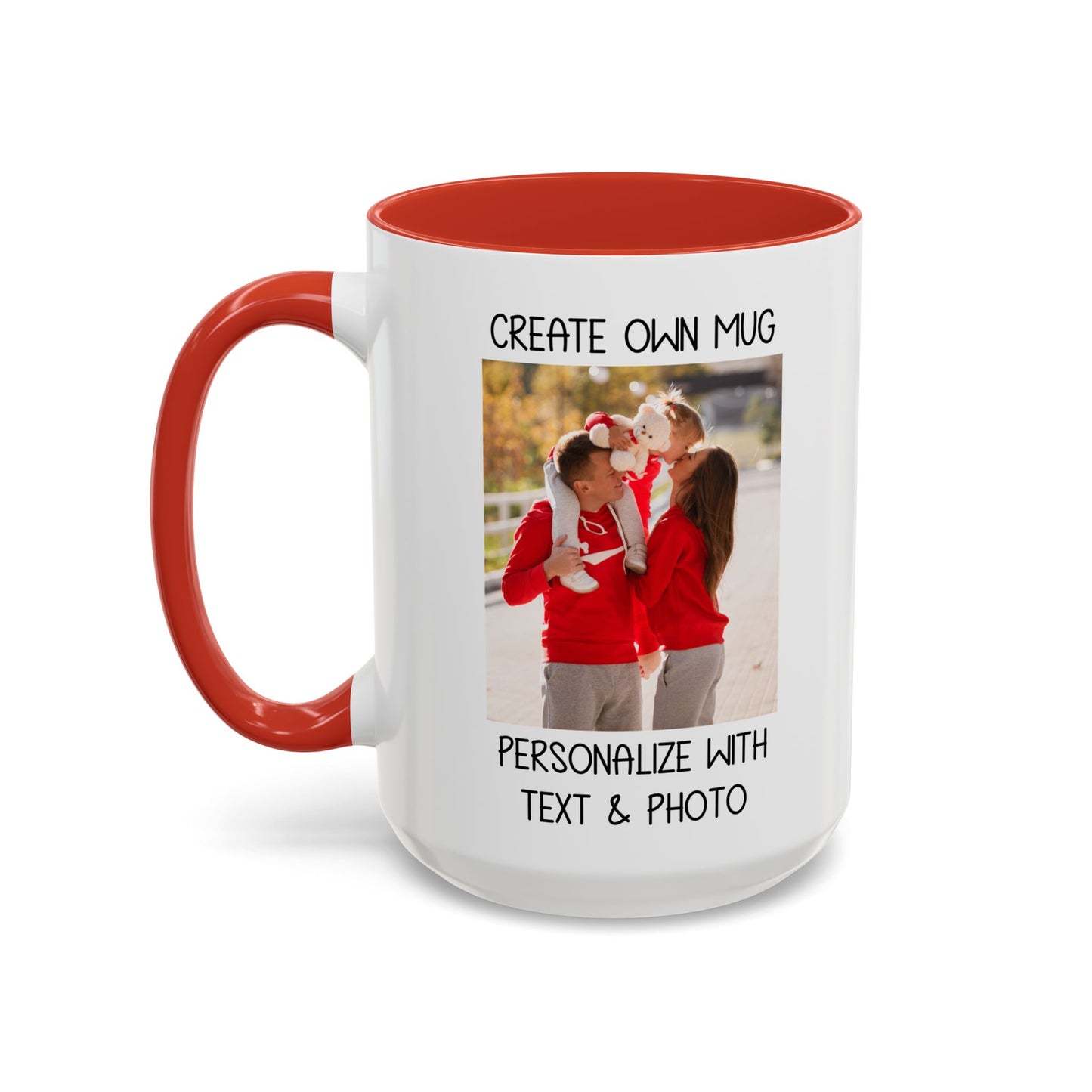 Happy Family Moments in Red Hoodies - Dad, Mom, and Daughter Outdoors Mug
