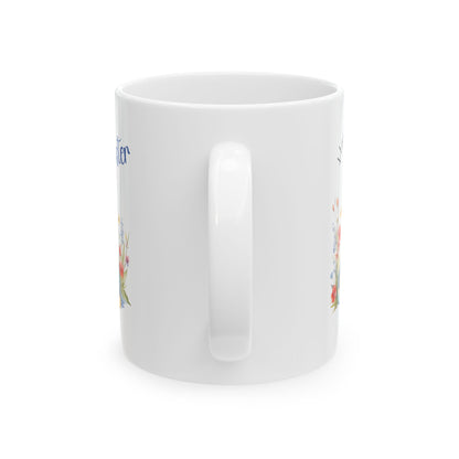 Happy Easter Mug – Cute Bunny with Colorful Eggs & Flowers