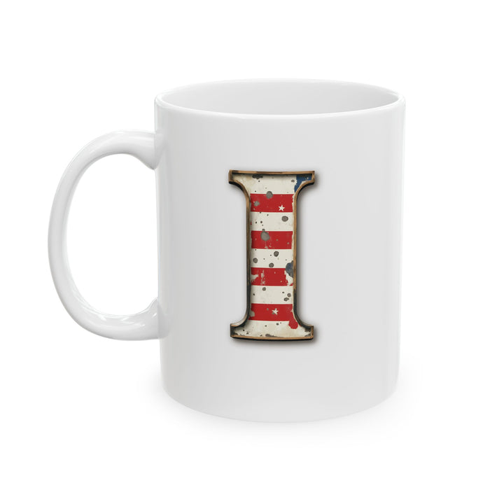 Mug - Patriotic American Flag Letter I with Kevin Name - Vintage Red, White, and Blue Design