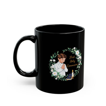 First Communion Boy Black Mug – Holy Gift with Prayer Design