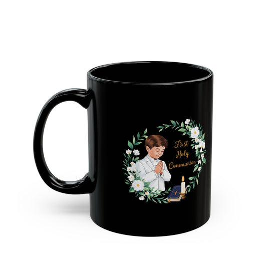 First Communion Boy Black Mug – Holy Gift with Prayer Design