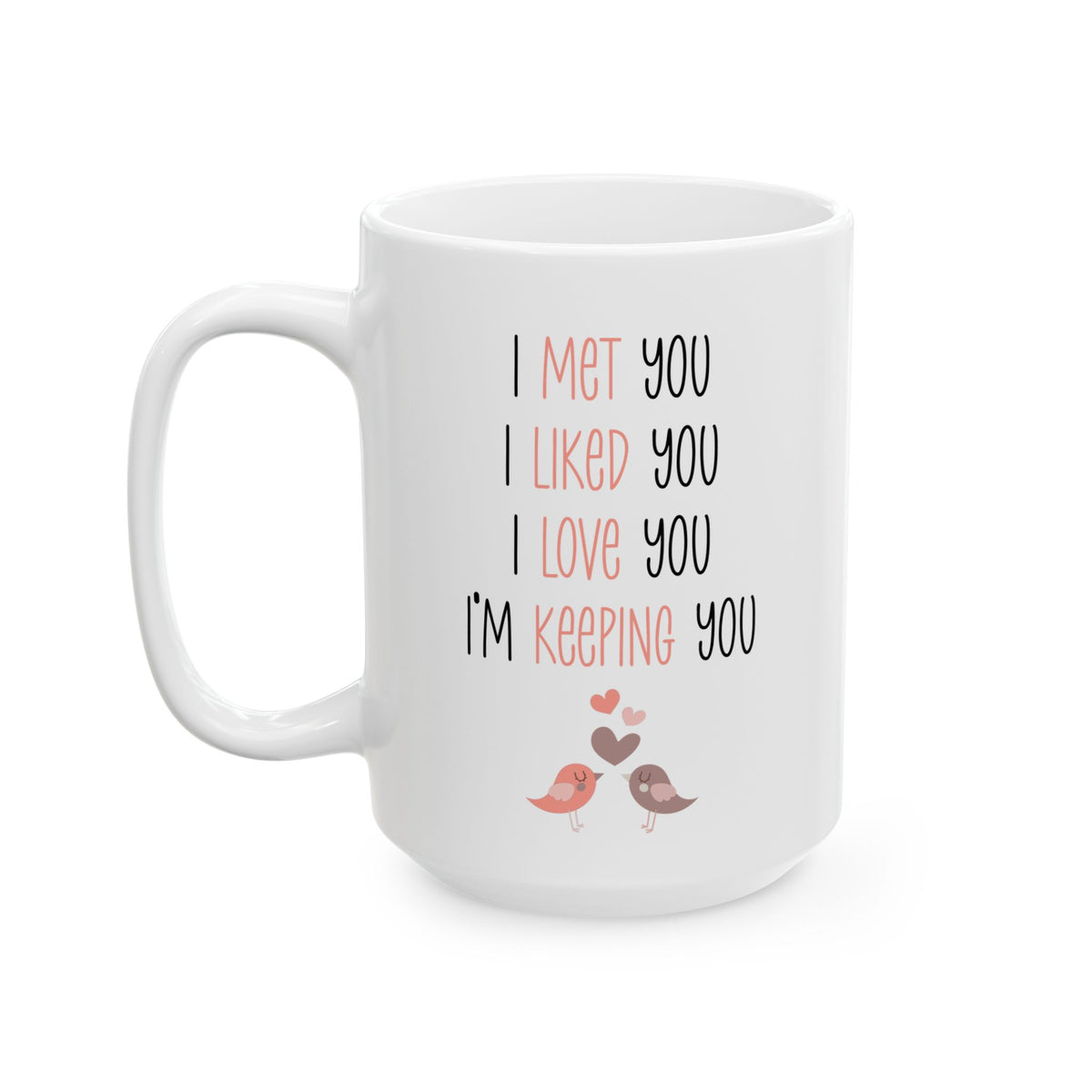 I Met You I Liked You I Love You Mug – Cute Lovebirds – Romantic White Coffee Cup