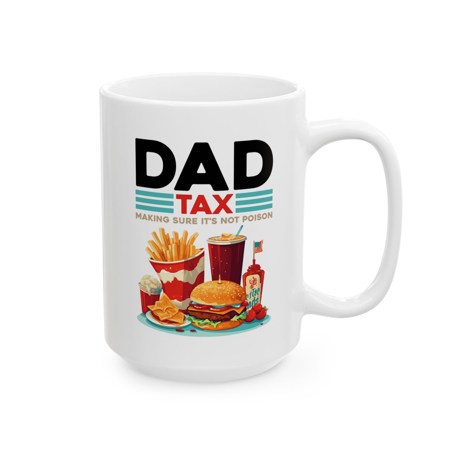 Dad Tax Mug – White with Colorful Junk Food Graphics