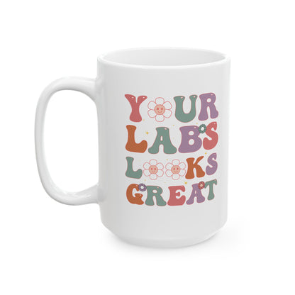 Funny White Coffee Cup for Lab Techs & Nurses – Retro Floral Medical Gift for Healthcare