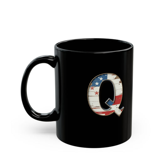 Mug - Patriotic American Flag Letter Q with Kevin Name - Vintage Red, White, and Blue Design