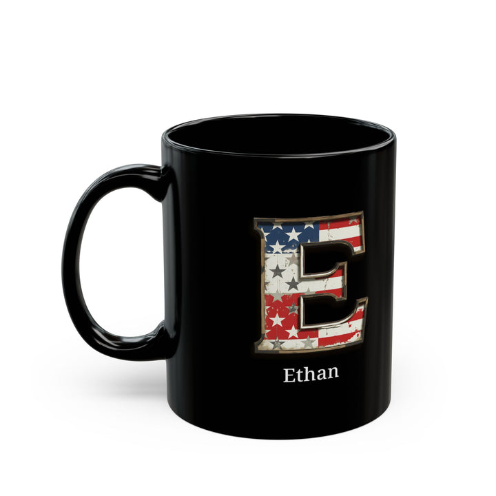 Black Personalized USA Flag Initial Mug with Letter E and Ethan Name Gift for Men, Veterans, Patriotic Coffee Lovers