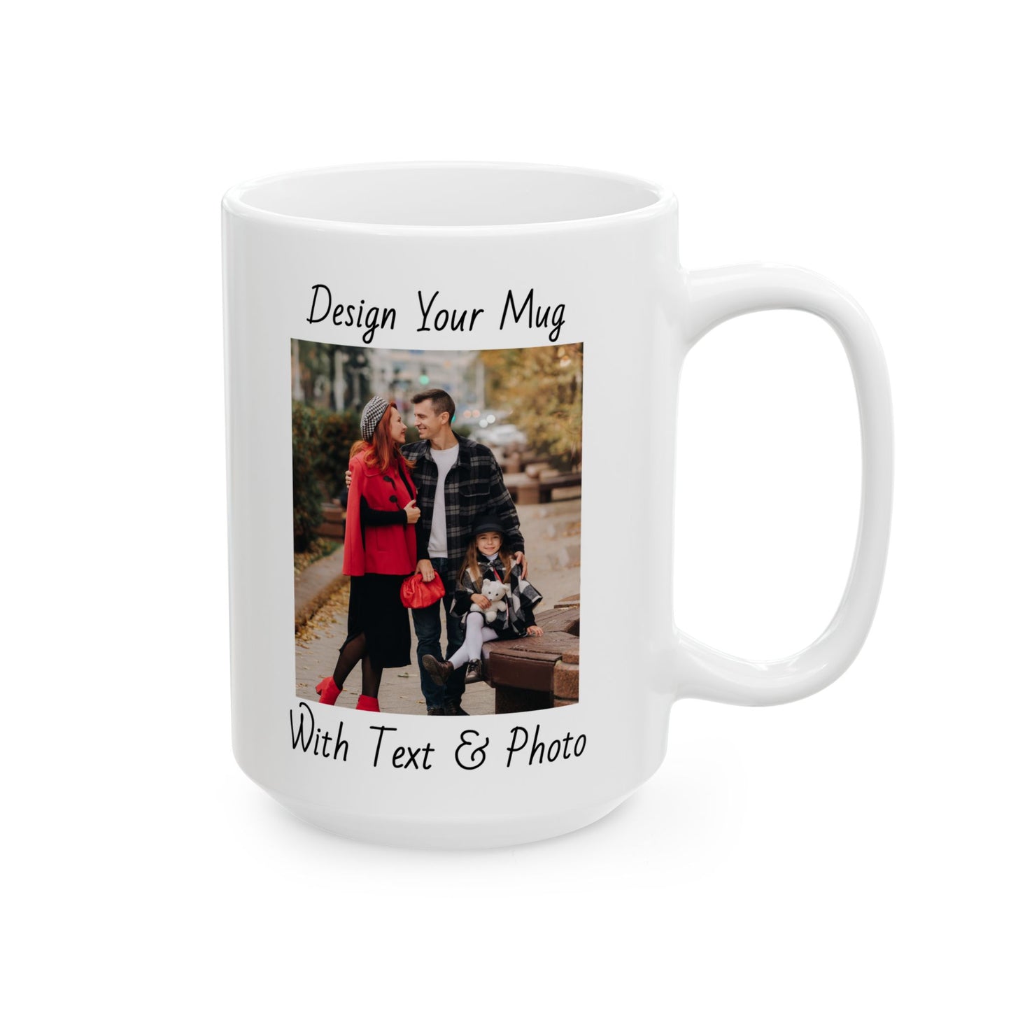 Family Fall Fashion - Mom, Dad, and Daughter in Stylish Outerwear Outdoors Mug