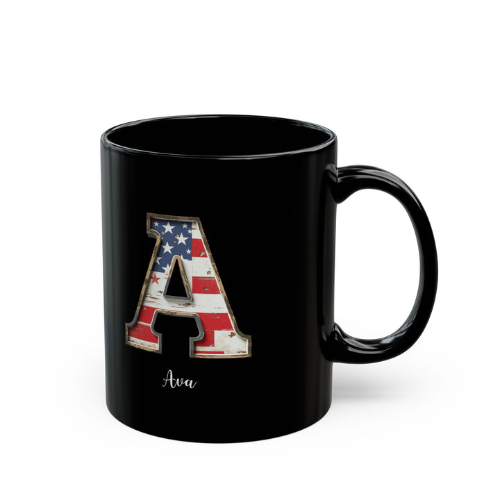 Mug - Patriotic American Flag Letter A with Kevin Name - Vintage Red, White, and Blue Design