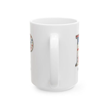 Mug - Patriotic American Flag Letter P with Kevin Name - Vintage Red, White, and Blue Design