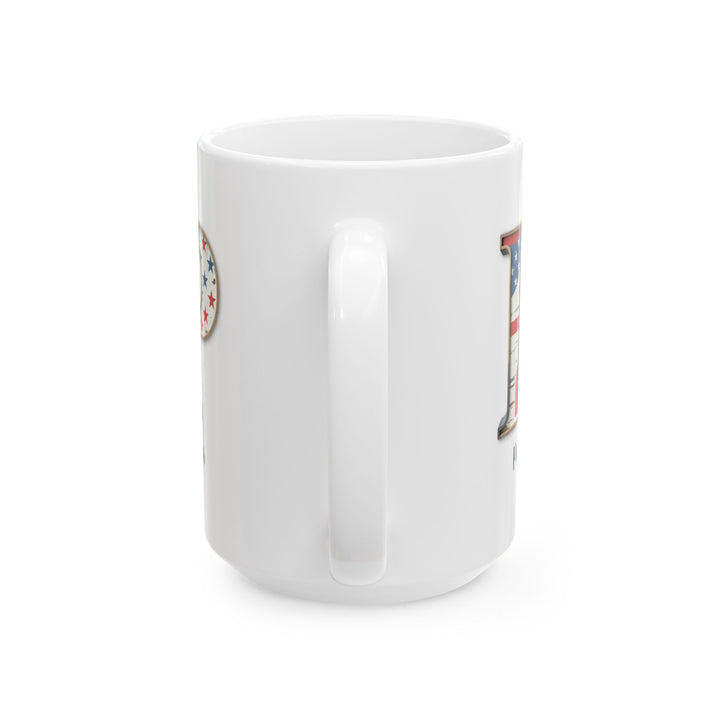 Mug - Patriotic American Flag Letter P with Kevin Name - Vintage Red, White, and Blue Design