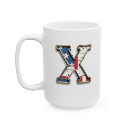 White USA Flag Letter X Mug – Personalized Patriotic Initial Coffee Cup Gift for Men, Veterans, and Proud Americans