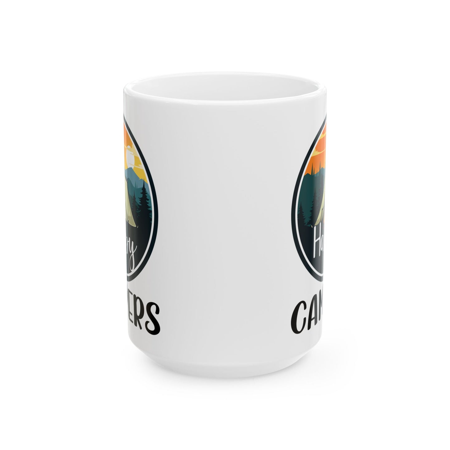 Happy Campers – Vintage Tent and Bonfire Adventure Scene Ceramic Mug, (11oz, 15oz)