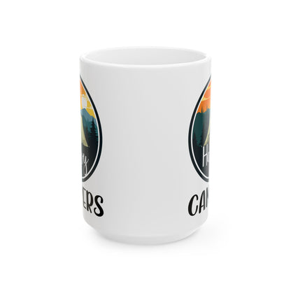 Happy Campers – Vintage Tent and Bonfire Adventure Scene Ceramic Mug, (11oz, 15oz)