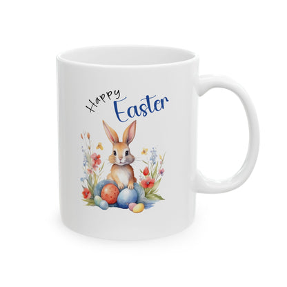 Happy Easter Mug – Cute Bunny with Colorful Eggs & Flowers