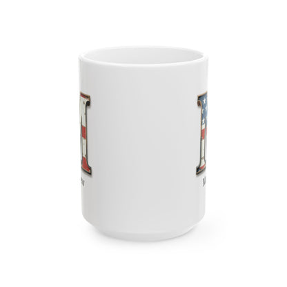 White American Flag Mug with Letter M and Name Matthew Personalized Patriotic Coffee Cup Gift for Veterans Military or Proud Americans