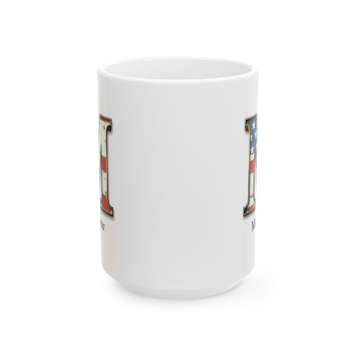 White American Flag Mug with Letter M and Name Matthew Personalized Patriotic Coffee Cup Gift for Veterans Military or Proud Americans