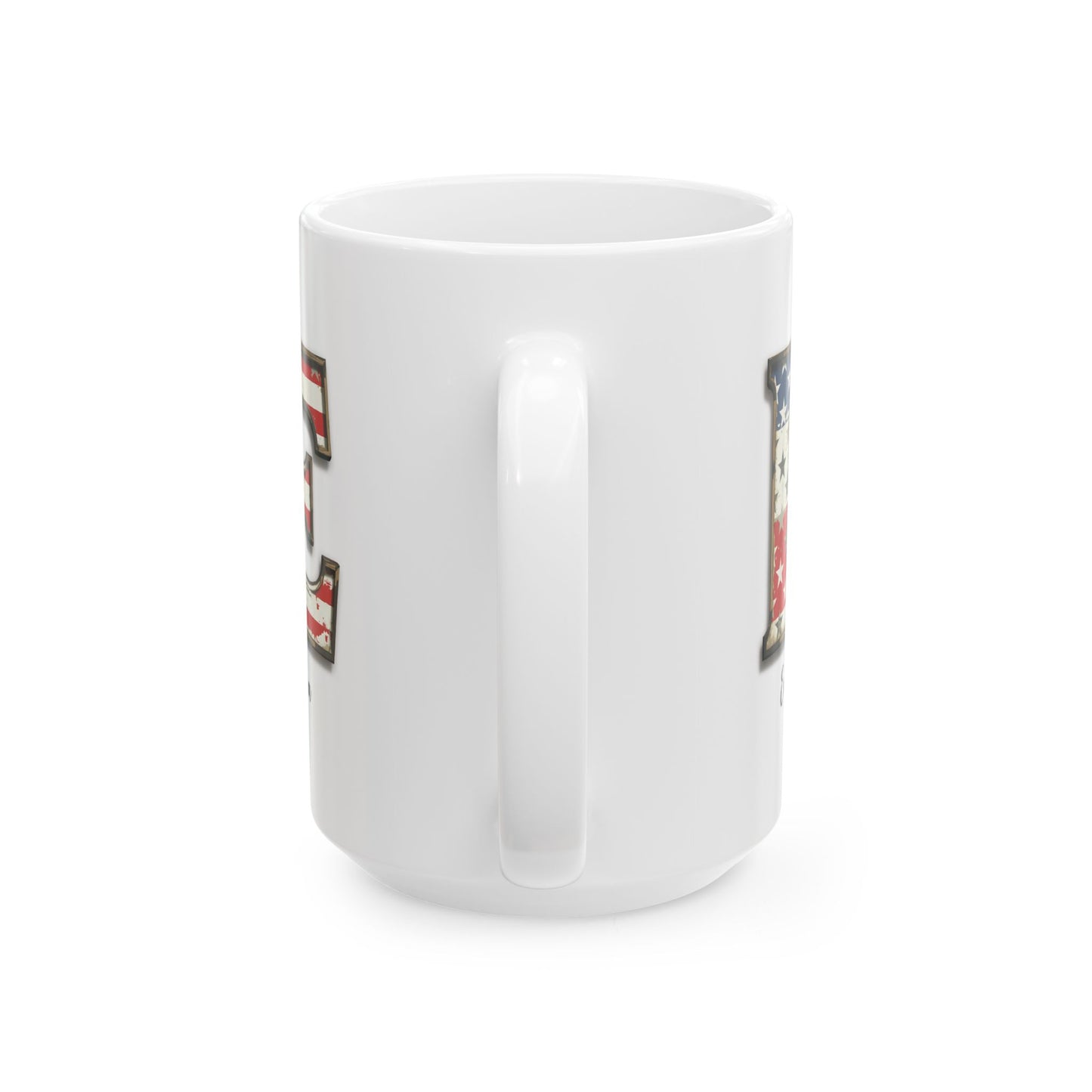 Mug - Patriotic American Flag Letter E with Kevin Name - Vintage Red, White, and Blue Design