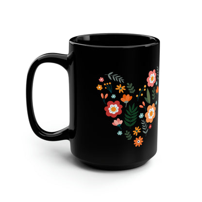 Floral Heart Design Black Mug - Vibrant and Cheerful Gift for Loved Ones