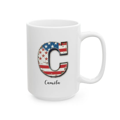 Mug - Patriotic American Flag Letter C with Kevin Name - Vintage Red, White, and Blue Design