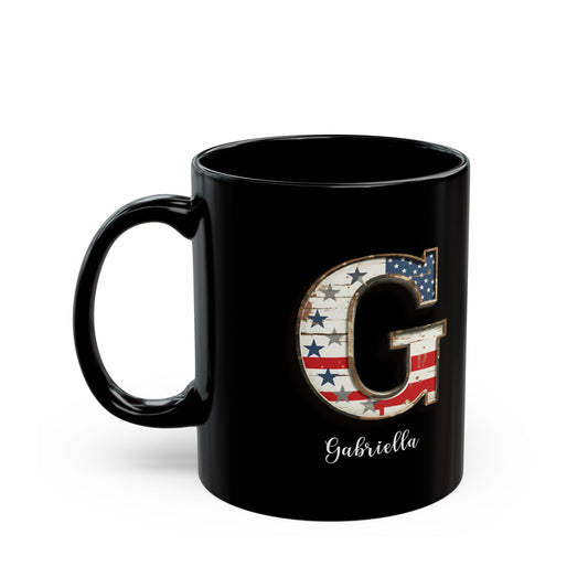Mug - Patriotic American Flag Letter G with Kevin Name - Vintage Red, White, and Blue Design