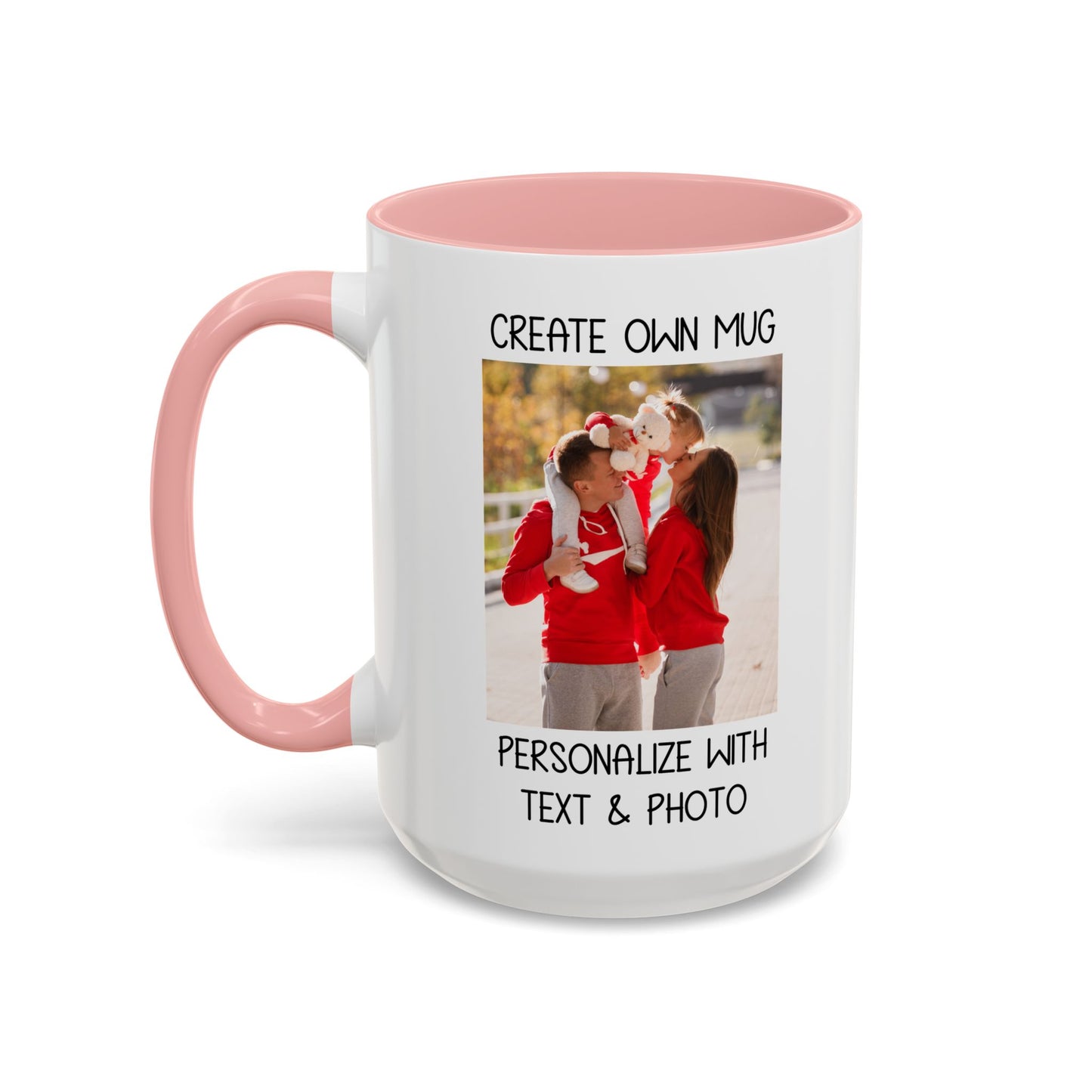 Happy Family Moments in Red Hoodies - Dad, Mom, and Daughter Outdoors Mug