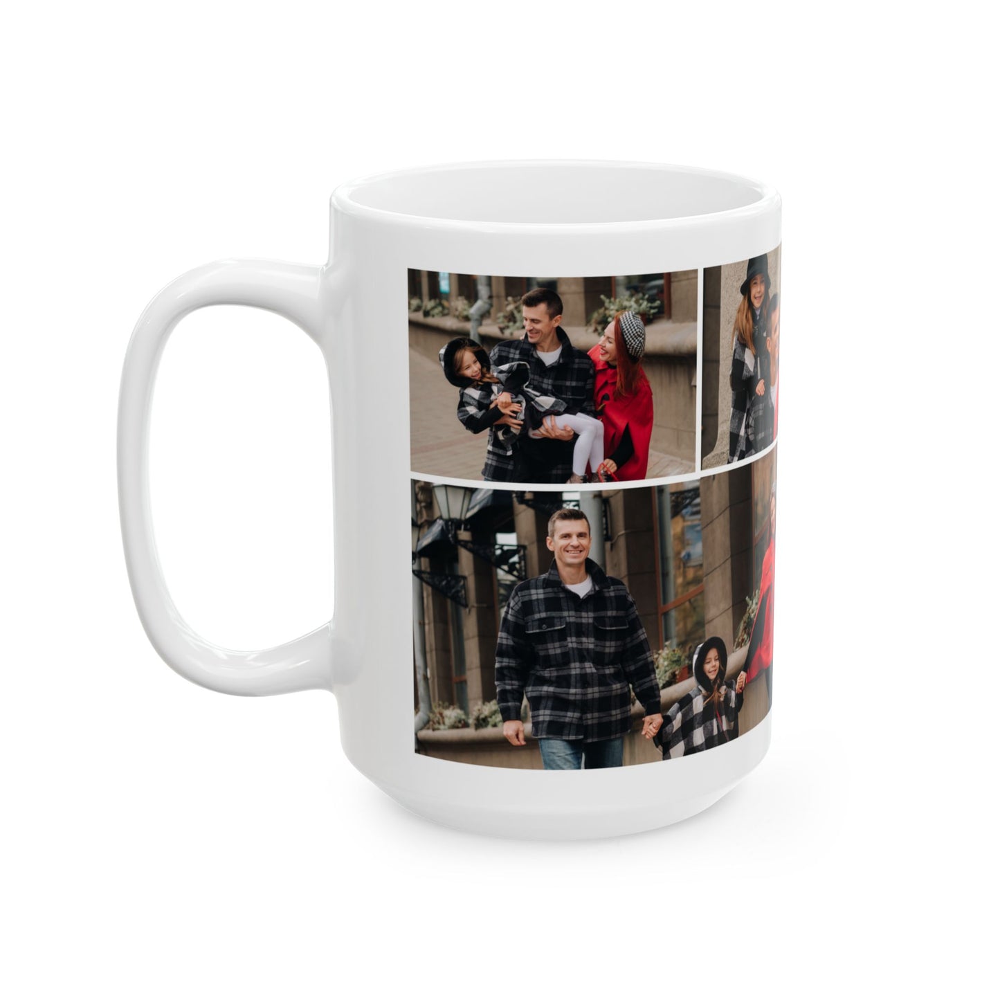 Happy Family Moments - Stylish Fall Family Photoshoot with Dad, Mom, and Daughter in Matching Outerwear Mug