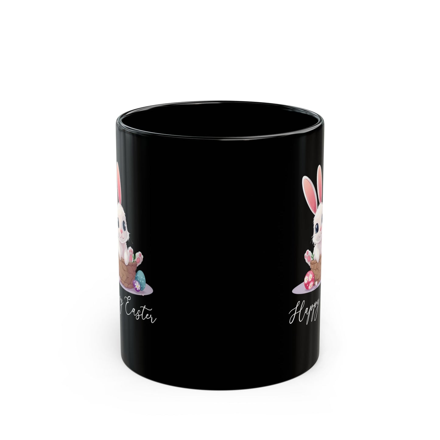 Happy Easter Bunny in Basket Mug – Cute Black Coffee Cup with Pastel Eggs