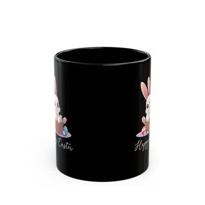 Happy Easter Bunny in Basket Mug – Cute Black Coffee Cup with Pastel Eggs