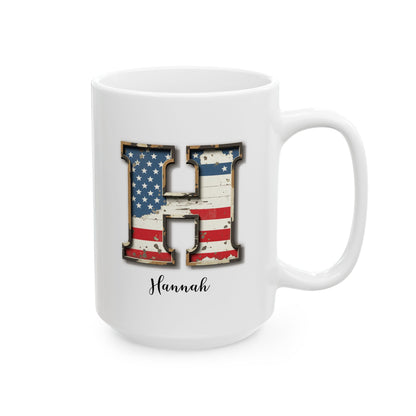 Mug - Patriotic American Flag Letter H with Kevin Name - Vintage Red, White, and Blue Design