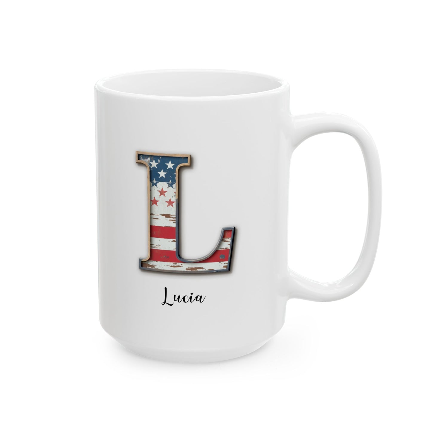 Mug - Patriotic American Flag Letter L with Kevin Name - Vintage Red, White, and Blue Design