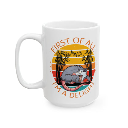 Cartoon Possum Mug – First of All I'm a Delight Funny Coffee Cup with Vintage Sunset for Animal Lovers