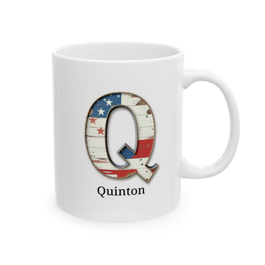 White American Flag Mug with Letter Q and Name Quinton Personalized Patriotic Coffee Cup Gift for Veterans Military or Proud Americans