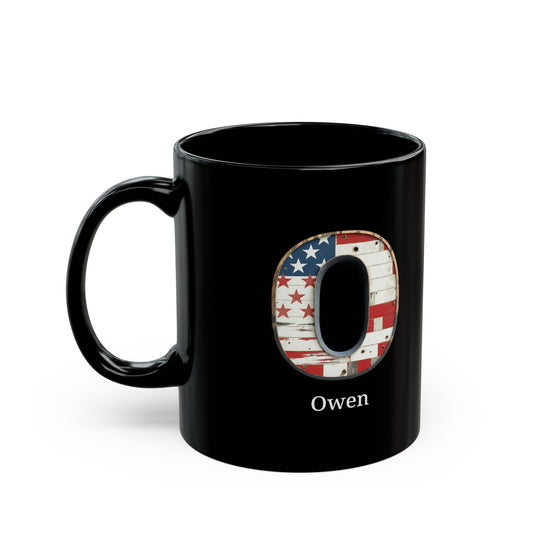 Black American Flag Mug with Letter O and Name Owen Personalized Patriotic Coffee Cup Gift for Men Veterans or Proud USA Supporters