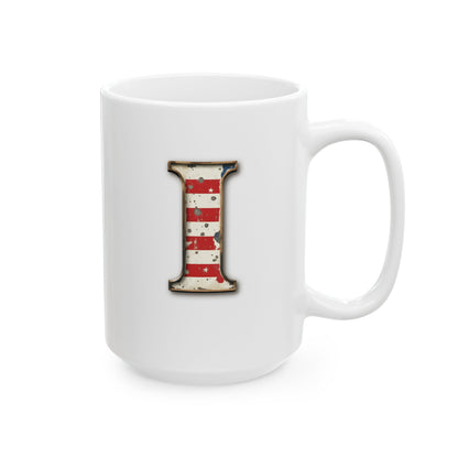 Mug - Patriotic American Flag Letter I with Kevin Name - Vintage Red, White, and Blue Design